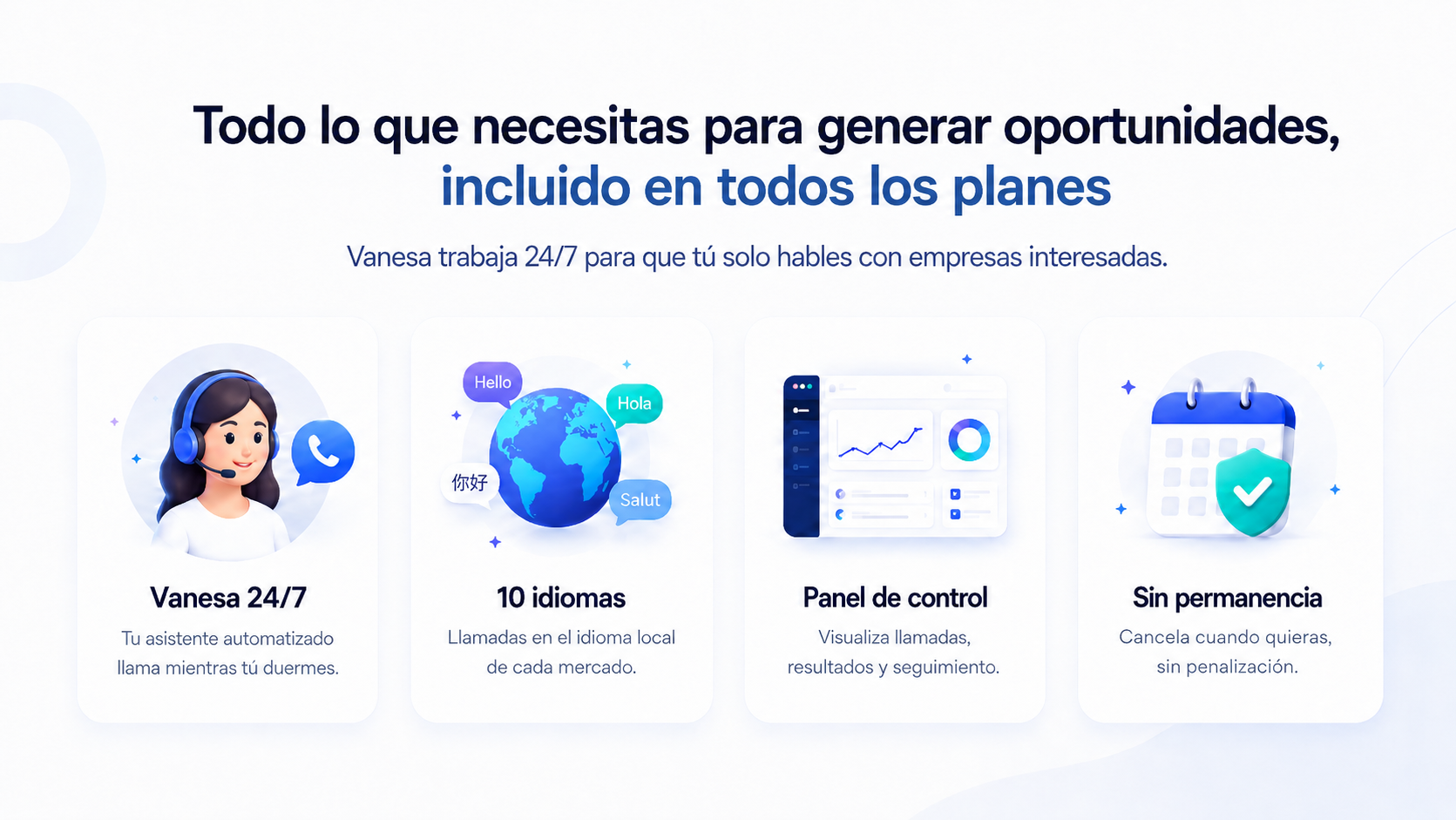 Todo lo que necesitas para generar oportunidades, incluido en todos los planes: Vanessa 24/7, 10 idiomas, panel de control y sin permanencia.
